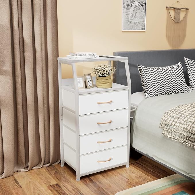Furnulem Tall Nightstand with 4 Fabric Drawers, Small Dresser for Bedroom | White Dorm Bedside Table , Dresser for Closet, Storage Drawer for Living Room, Entryway, Furniture, Metal Frame, Wood Top