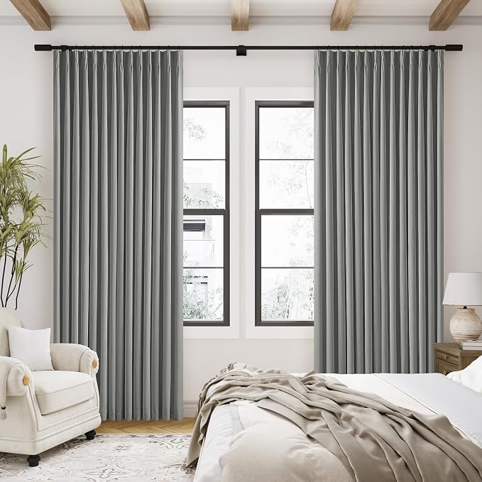 Charcoal Grey Pinch Pleated 100% Blackout Linen 96 Inch Bedroom Curtains | Double Layer Curtains, Pleat with Ring Hooks Back Tab, Black Out Room Darkening Drapes, for Living Room, 40x96 2 Panels Set