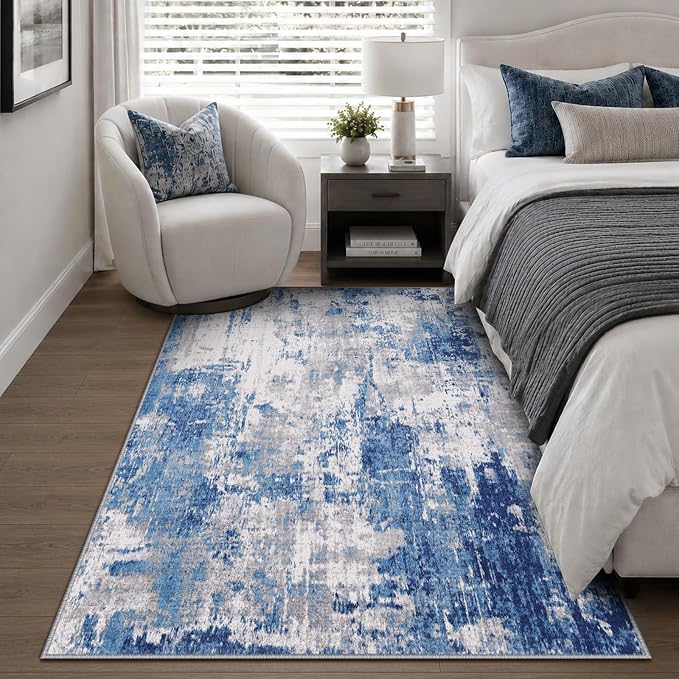 RELEANY Washable 4'x6' Abstract Area Rug for Living Room Blue Gray | Carpet for Bedroom, Kitchen, Office, Hallway and Entryway, Printed Pattern, Non‑Slip, Soft, Stain‑Resistant, Easy to Clean
