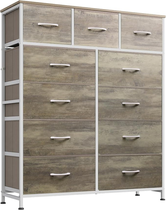 WLIVE Tall Dresser for Bedroom, 11 Drawer Chest of Drawers, Greige | 11 fabric storage drawers, Tall high-capacity design, Bedroom or dorm use, Sturdy steel frame, Smooth wood tabletop