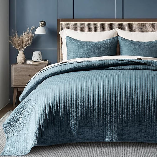 EVERGRACEHOME Cotton Sateen Quilt Set, Queen Size, Sonoma Blue | 100% Cotton, Channel Stitch Coverlet Bedspread, Pre-Washed Lightweight Soft Bedding Set for All Season, 3 Piece, with 2 Shams