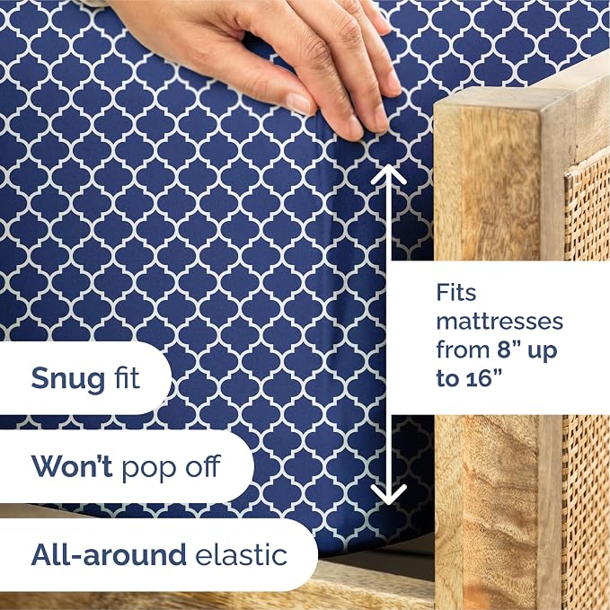 Cal King 4 Piece Striped Sheet Set - Breathable & Cooling - Navy Quatrefoil | 1 Flat, 1 Fitted & 2 Pillowcases w/ Deep Pockets, Luxury Striped Bedding, Soft, Breathable & Cooling, Wrinkle & Fade Free