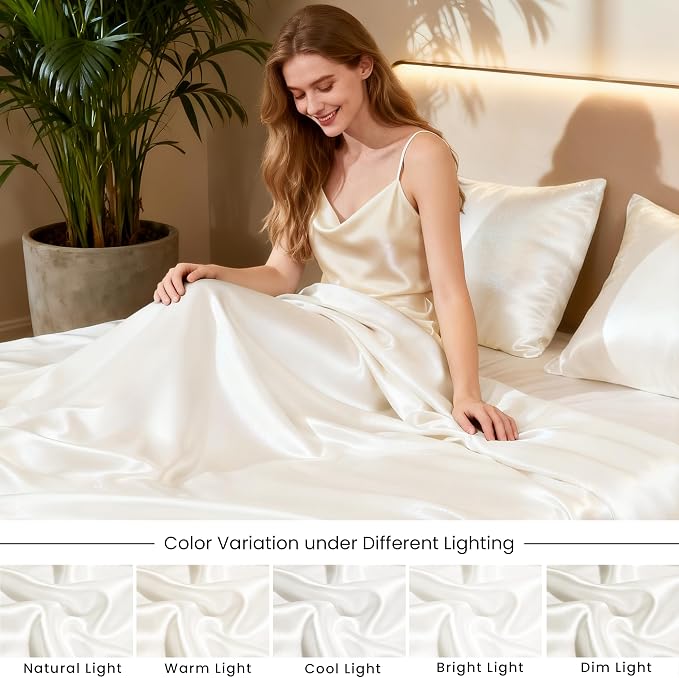 Love's cabin Twin Satin Sheets Sets - 3 Piece Ivory Silky Bed Sheets with Deep Pockets, Luxury Silk Feel Satin Twin Size Sheet Set Bedding Set (1 Flat Sheet,1 Fitted Sheet,1 Pillow case)