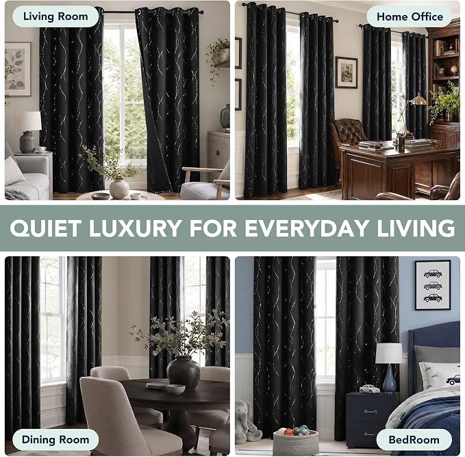 Deconovo 100% Blackout Living Room Curtains 63 Inches Long, Black Backing | Silver Line Foil Pattern Drapes, Thermal Insulated, Room Darkening, Grommet, 2 Panels Set, Black, 42 x 63 Inch