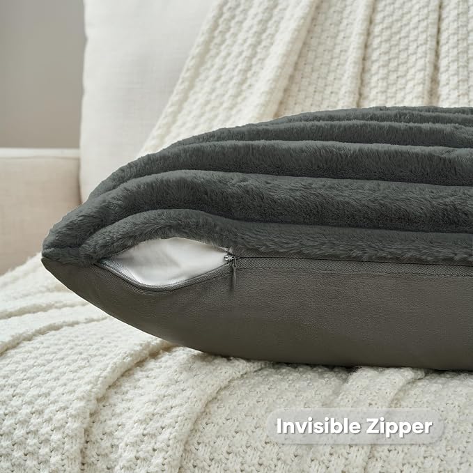 FUTEI Pack of 2 Faux Fur Throw Pillow Covers 28x28 Inch, Dark Grey | Fluffy Faux Rabbit Fur Front/Premium Velvet Back,Hidden Zipper,Machine Washable,Non-Shedding,Colorfast,Insert Not Included.