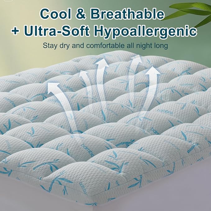 4 Inch Mattress Topper Memory Foam Cooling Bamboo Queen Size Back Pain | Gel Airflow Channels Wick Heat Moisture Orthopedic Support Deep Pocket 360 Edge Fits 8-21 Inch Washable Hypoallergenic Queen
