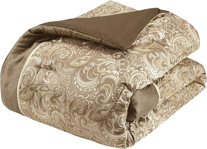 Madison Park Essentials Brystol 24 Piece Room in a Bag Faux Silk Comforter Jacquard Paisley Design Matching Curtains Down Alternative Hypoallergenic All Season Bedding-Set, Queen(90"x90"), Brown | Matching Curtains Room in a Bag, Down Alternative Beddi...