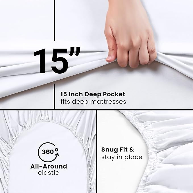 Pack of 2 Twin XL Fitted Sheet, Fits Up to 16 Inch Deep Pocket, White | Hotel Comfort, Cooling & Breathable Cotton like Polyester, Easy Fit, Wrinkle & Fade Resistant, Snug Fit, Easy Care, Oeko-Tex