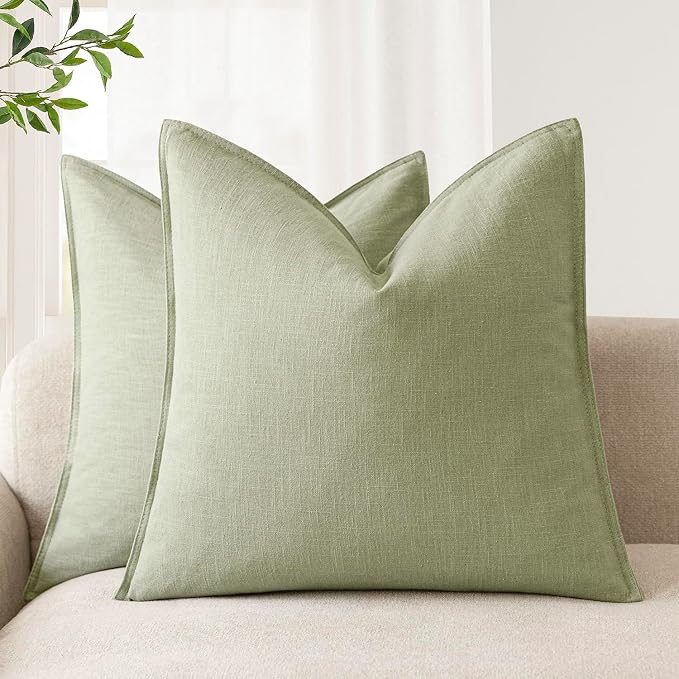 Foindtower Linen Solid Decorative Throw Pillow Cover 16x16 Inch Light Green | Pack of 2 Boho Farmhouse Morden Pillowcase,Accent Neutral Cushion Covers,Home Decor for Chair Couch Sofa Bedroom Living Room