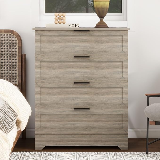 Farmhouse 4 Drawer Dresser for Bedroom, Tall Bedroom Dresser, Rustic Gray | Changing Table Dresser with Large Drawer, Wooden Storage Organizer Cabinet Chest of Drawer for Closet, Living Room, Hallway