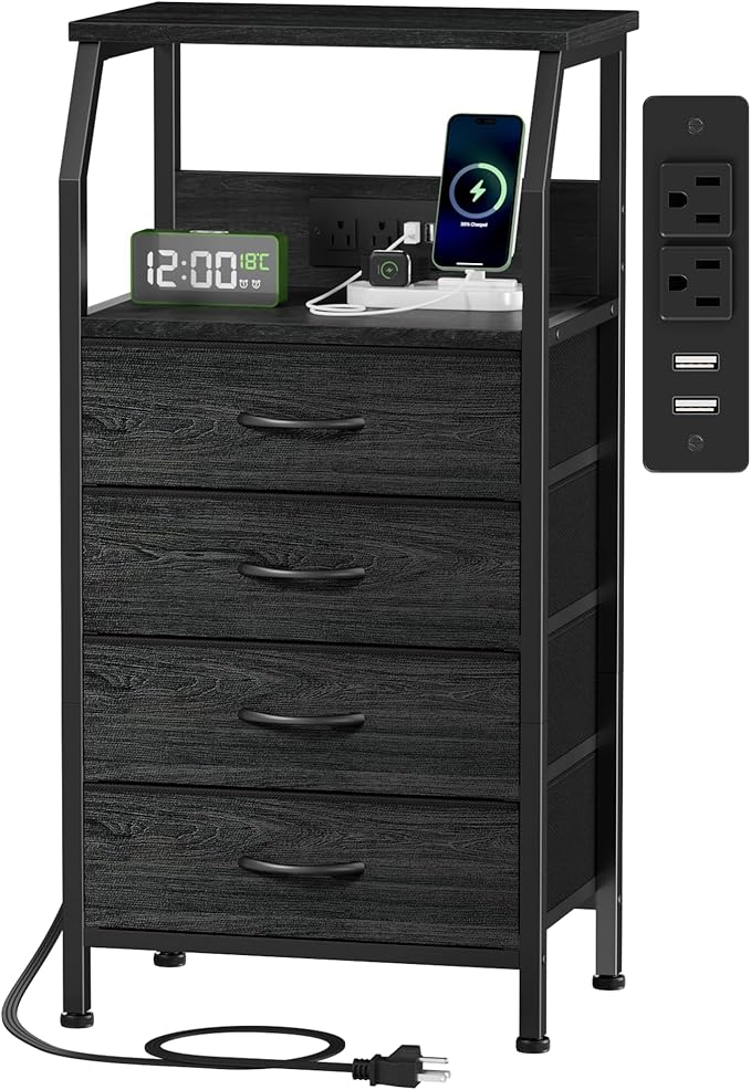 Furnulem Tall Night Stand with Charging Station, 4 Drawers Bedside Table | Small Black Dresser, 33.3 Inch Tall Dorm Nightstand, Fabric Drawers, Storage Tower for Closet, Bedroom, 3 Ways to Use
