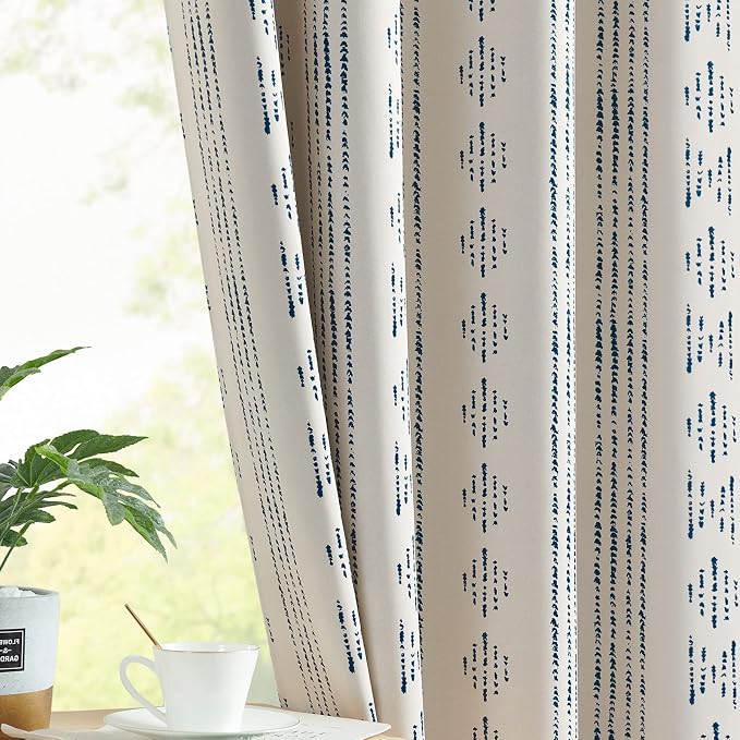 jinchan Boho Blackout Curtains 72 Inches Long for Bedroom Living Room | Blue on Beige Geometric Printed Grommet Curtains Room Darkening Thermal Insulated Window Treatments 2 Panels