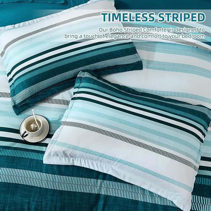 Dobuyly Teal Comforter Full Size Set 7 Pieces, Blue Boho Striped Bed in a Bag Full Size Soft Microfiber All Season Bedding Set with Comforter, Sheets, Pillowcases & Shams
