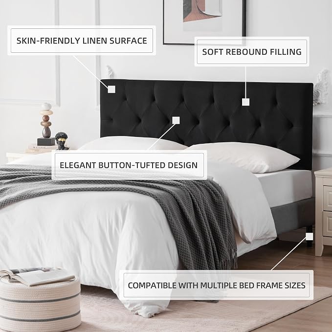 Linen Headboard Queen Size Only, Adjustable Height 37-51 in, Black | Diamond Tufting Solid Wood Queen Headboards, Durable Metal Legs, Upholstered Queen Head Board for Bed Frame, Modern Fabric