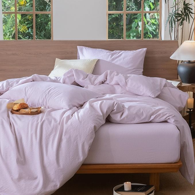MooMee Striped Duvet Cover Set 100% Washed Cotton Linen Like Queen | Relaxed Linen-like Texture. Soft, Breathable & Long-lasting Comfort. Lightweight. Hidden Zipper with 8 Interior Corner Ties