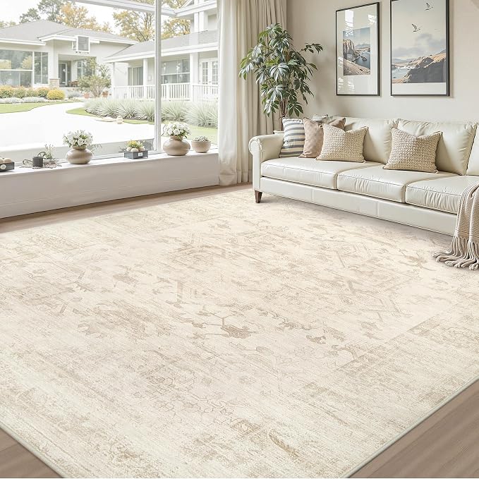 10x12 Area Rugs Living Room: Bedroom Washable Carpet Beige/Brown | Large Vintage Boho Indoor Decor Neutral Soft Nursery Farmhouse Dining Room Office Floor Non-Slip Low Pile Under Table Rug