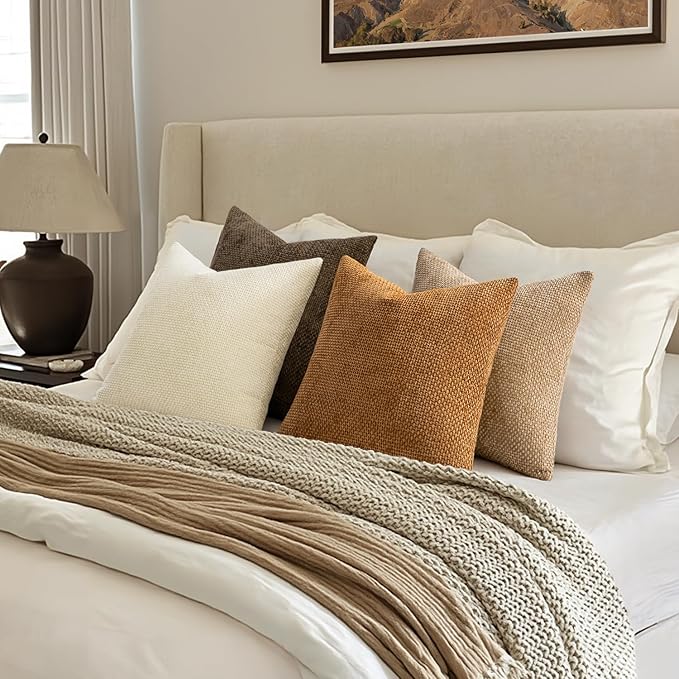 MIULEE Soft Decorative Chenille Fall Pillow Covers Brown 18x18 Pack of 4 | Rustic Home Decor, Layered Brown Collection, Couch Throw Pillows, Farmhouse Boho Cushion Covers for Sofa Bed Living Room