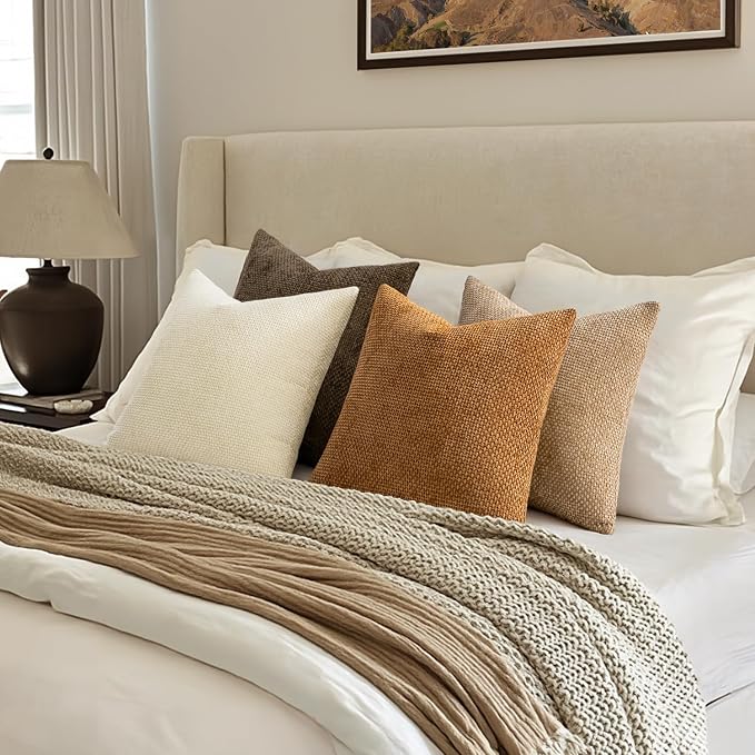 MIULEE Decorative Chenille Fall Euro Pillow Covers Brown 24x24 Pack of 4 | Rustic Home Decor, Layered Brown Collection, Couch Throw Pillows, Farmhouse Boho Cushion Covers for Sofa Bed Living Room