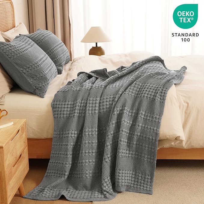 PHF Lightweight 100% Cotton Waffle Throw Blanket for Couch, Dark Grey | Pre-Washed Soft Cotton Comfort, Breathable Layering Warmth for Fall & Winter, Office, Travel, Sofa, Home Decor & Gifts