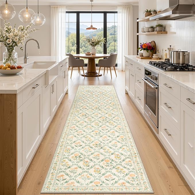 PLHXFR 2.6x10 Washable Runner Rug：Floral Indoor Kitchen Carpet Beige Multi | For Hallway Bedroom Kitchen Laundry Bathroom Dorm,Vintage Floral,Machine washable,Non Slip,Stain Resistant,Indoor Floor