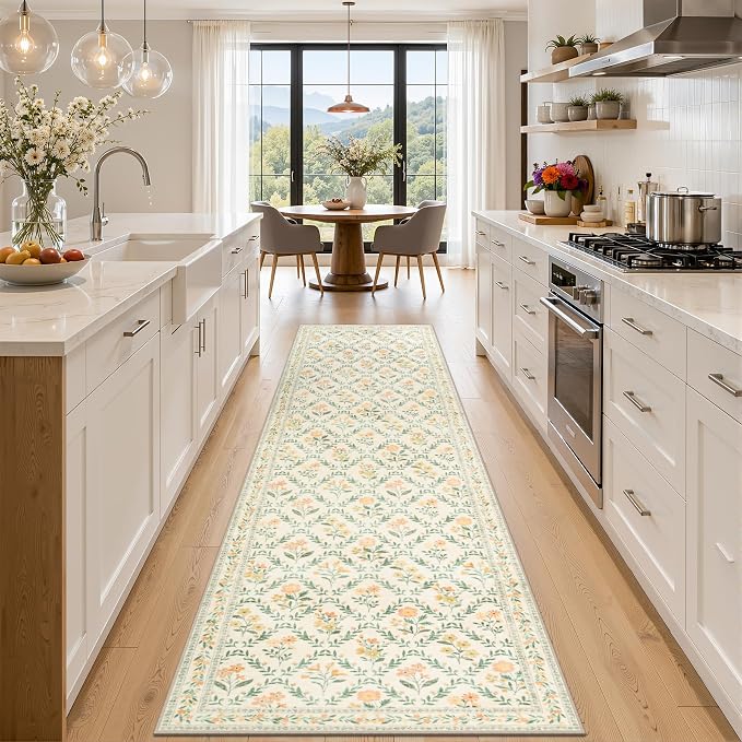 PLHXFR 3x10 Washable Runner Rug：Floral Indoor Kitchen Carpet Beige Multi | For Hallway Bedroom Kitchen Laundry Bathroom Dorm,Vintage Floral,Machine washable,Non Slip,Stain Resistant,Indoor Floor
