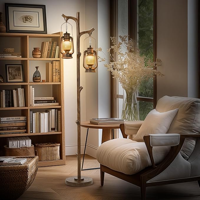 Scenekoy 68" Rustic Tree Trunk Floor Lamp with Lantern, Stepless Dimmable | Farmhouse Country Brown Finish, Vintage Standing Lamp, Industrial floor Lamp, Decor for Bedroom Living Room Office Hotel