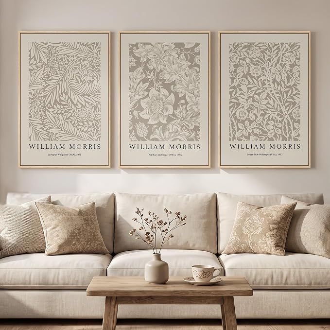 Large Framed Neutral William Morris Botanical Canvas Wall Art, Set of 3 | Boho beige, Abstract floral, Vintage, Farmhouse decor, 30x60 inch, Living room, Bedroom, Hallway, Office decor
