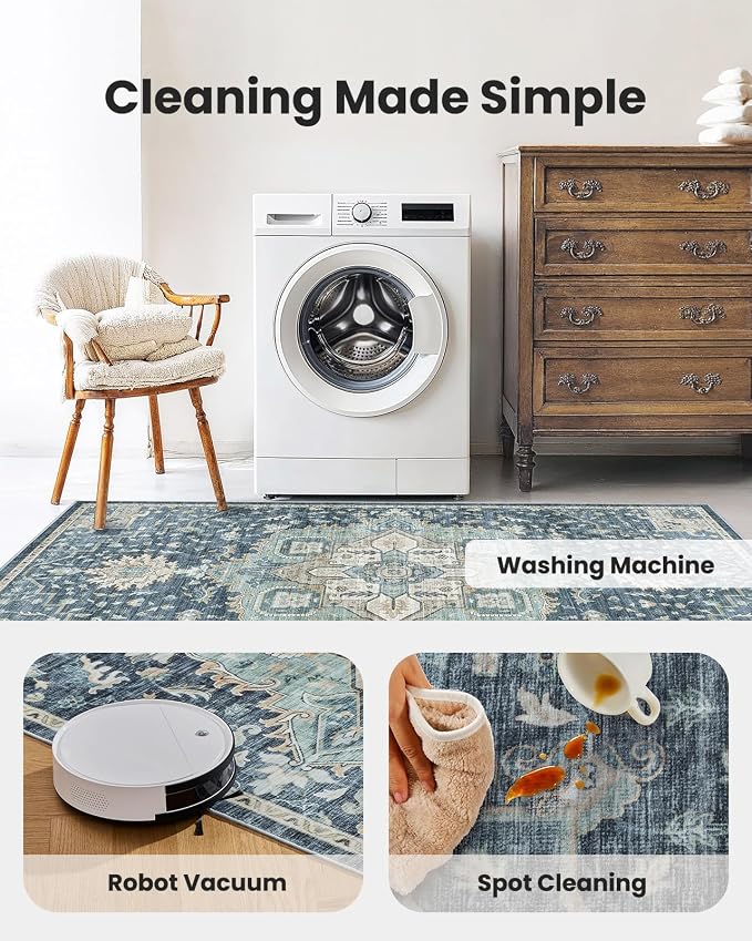 AMADA HOMEFURNISHING 2'6"x8' Washable Area Rug, Low-Profile Entryway Rug with Non-Slip Backing & Durable Edge Binding, Vintage Rug Pattern, Small Rugs for Entryway, Kitchen & Living Room
