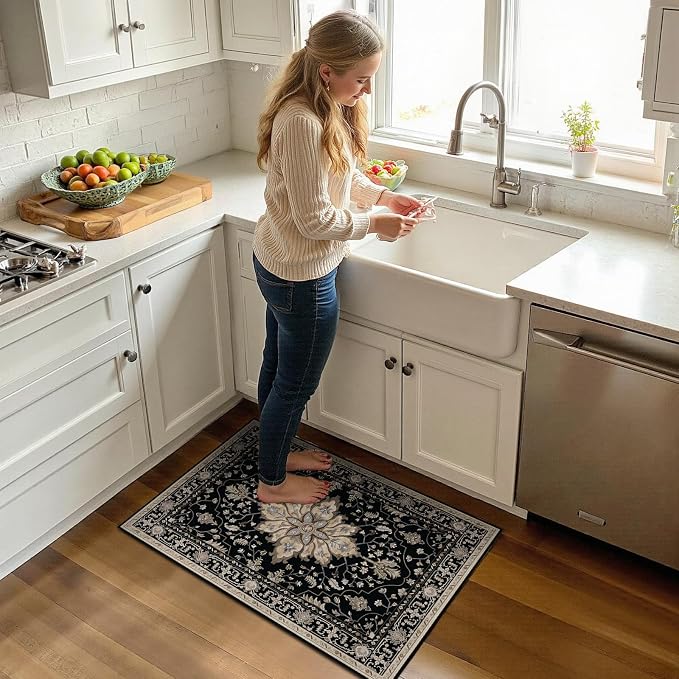 RELEANY Washable Area Rug, Small 2'x3', Black/Neutral | Non-Slip, Water Repellent, Pet Friendly, Easy to Clean, Vintage Floral Boho Decor for Kitchen Entryway Bathroom