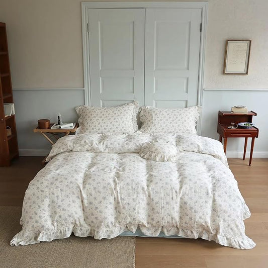 Chic Shabby Vintage Floral Duvet Cover Twin for Kids Girls Boys 100% Cotton Muslin Ruffled Quilt Cover Twin, 68"x86", Freesia Print, Soft Breathable, Zipper Closure, No Pillowcase
