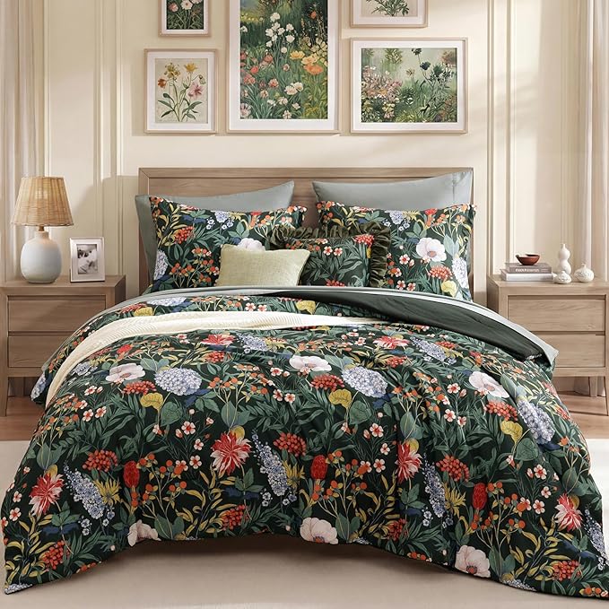 King Size Comforter Set-7 Pieces Green Floral Bed in a Bag King Bedding Set | All Season Botanical Flowers Comforter Set with Sheets, Pillowcases & Shams