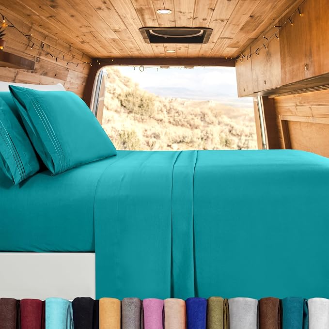 Elegant Comfort Luxury 1500 Premium Hotel Quality Microfiber 4-Piece Sheet Set - Wrinkle Resistant, All Around Elastic Fitted Sheet, Deep Pocket up to 16", RV Short Queen, Turquoise
