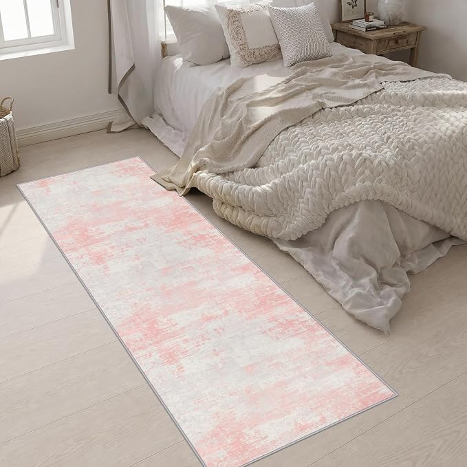2.6x8 Washable Runner Rug：Modern Abstract Soft Carpet Pink White | For Hallway, Bedroom, Kitchen, Laundry, Bathroom,Door Mat,Modern Abstract,Machine washable,Non-Slip,Stain Resistant,Indoor