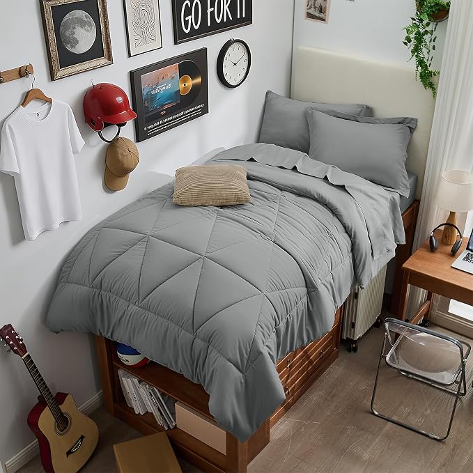 BEDELITE Twin XL Comforter Set 5 Pieces, Solid Dark Grey Bed in A Bag | Soft All Season Down-Alternative Comforter, Sheets, Pillowcases & Shams, OEKO-TEX Certified Bedding for Drom Room, College