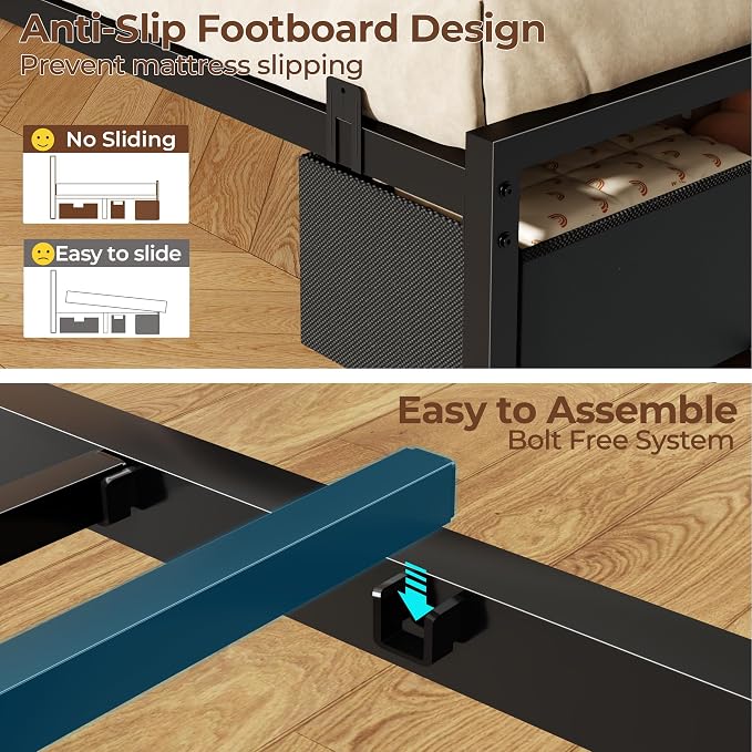 Full Size Bed Frame with PU Upholstered Headboard and 2 Drawers | Metal Platform Bed with Charging Station, LED Light and Fabric Storage Drawers, Noise Free, No Box Spring Needed, Black
