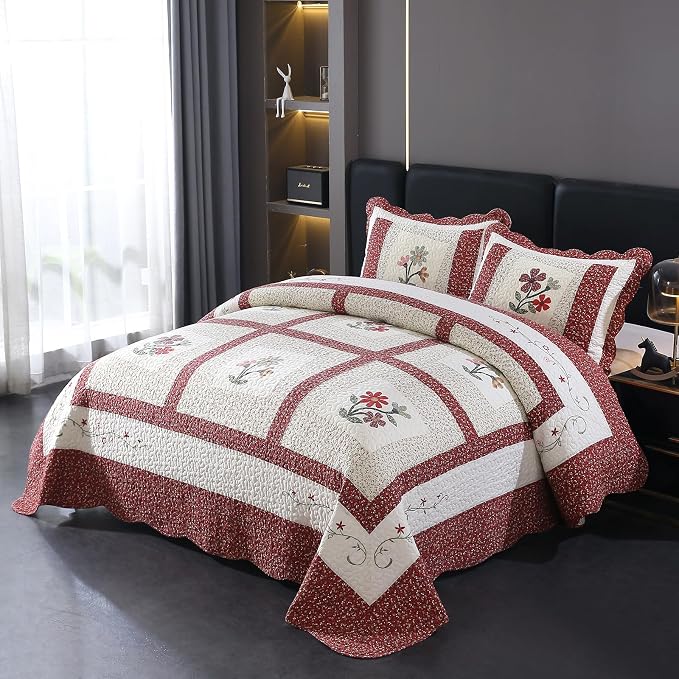 vctops Christmas Red 3 Piece Embroidered Floral Quilted Bedspread Quilt Set 100% Cotton Reversible Patchwork Coverlet Set 1 Quilt and 2 Pillow Shams (Red,Queen)