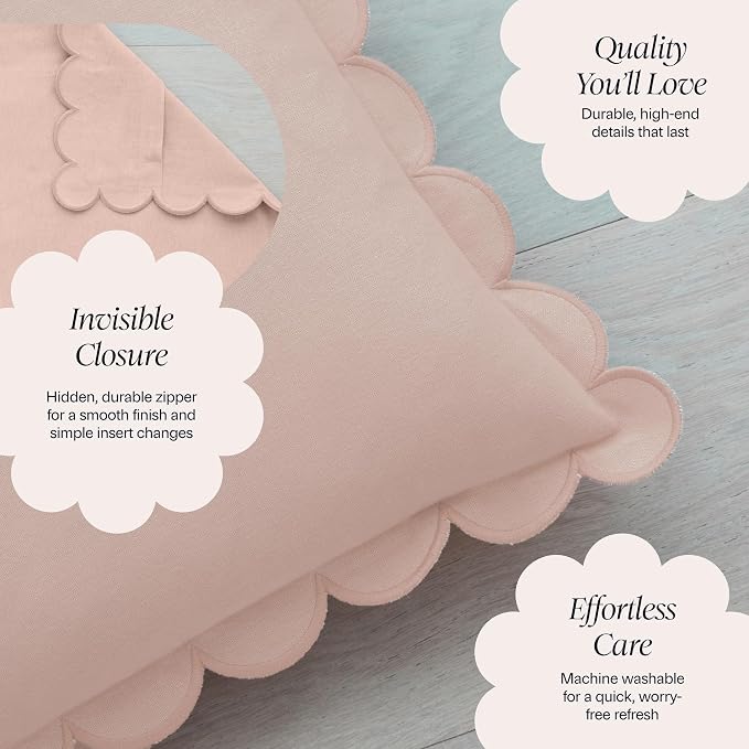 BEBE BASK Scalloped Pillow Cover Set of 2, 18x18, Cotton - Peach Pink | 100% Cotton, Scallop Pillow Covers, Grandmillennial Style, 18 by 18 Inch, Easy to Care, Machine Washable, Scalloped Pillows