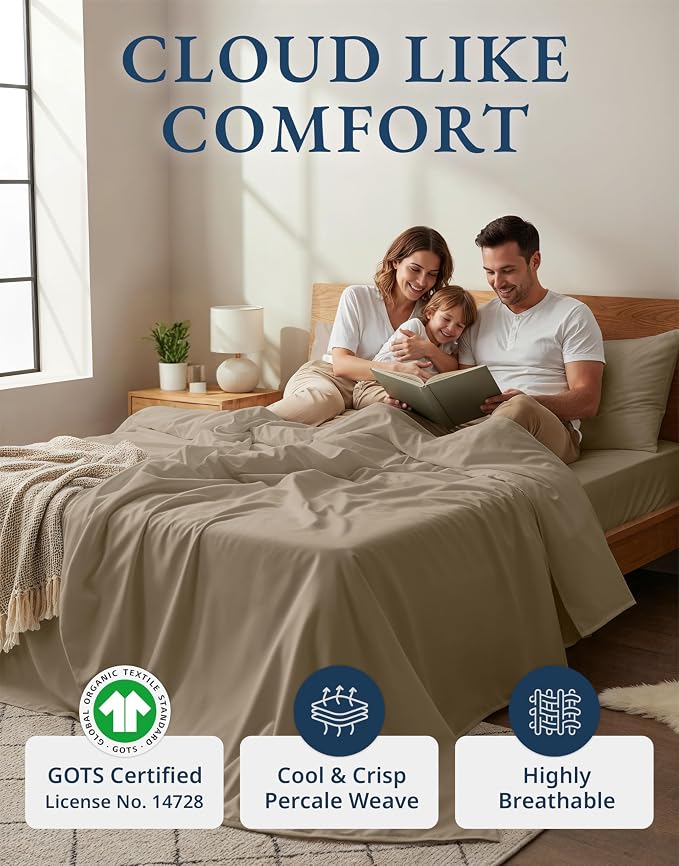 LANE LINEN Eco Friendly 100% Organic Cotton Sheets Queen Size, Naturally Cooling Percale Weave, Soft & Comfy Long Staple Mercerized Machine Wash Low Pill Fade Resistant Bed Sheets Queen Taupe
