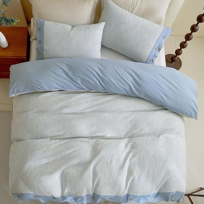 Oli Anderson 100% Egyptian Cotton Duvet Cover Queen Size, Blue, 3 Pieces | Yarn Dyed Jacquard Textured Bedding Set, Striped Boho Design, Pre-Washed, Button Closure, Soft Breathable, All Season Comfort