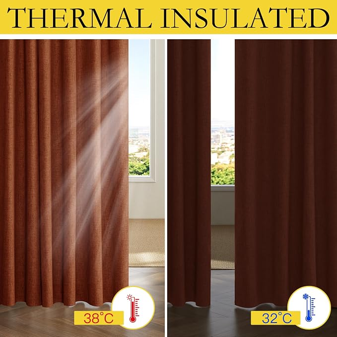 NICETOWN 100% Absolutely Blackout Linen Curtains with Thermal Insulated Liner, 52" Wide, 2 Panels, 90" Long Drapes, Grommet Retro Burnt Orange Linen Curtains Vertical Drapes Privacy for Bedroom