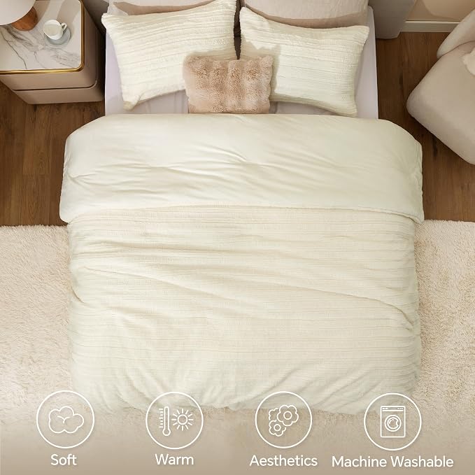 BEDELITE Faux Fur King Size Comforter Set, Fluffy Bed Set, Cream White | Super Soft & Warm, Luxury Fuzzy Cozy Comforter for Winter, Heavy Plush Bed set, with 2 Pillowcases