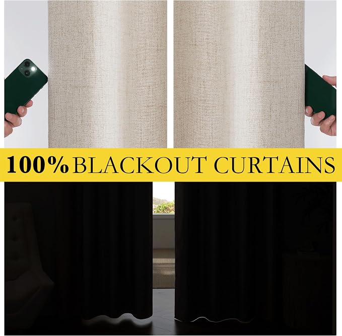 NICETOWN 80 inch Curtains 100% Blackout for Bedroom 2 Panels, Natural | Full Light Blocking, Linen Textured, Thermal Insulated, Rod Pocket Back Tab Draperies for Light Sleepers, W52" by L80"