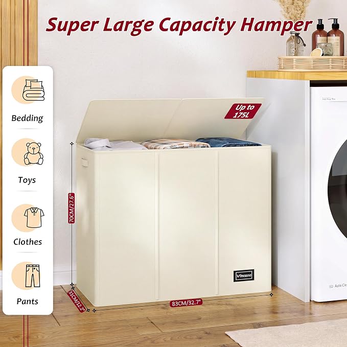 175L Laundry Hamper 3 Section,Large Laundry Hamper with Lid,Dirty Clothes Hamper with 3 Inner Bags,Collapsible Laundry Basket Organizer for Laundry Room,Bedroom,Laundry Sorter Hamper 3 Compartment