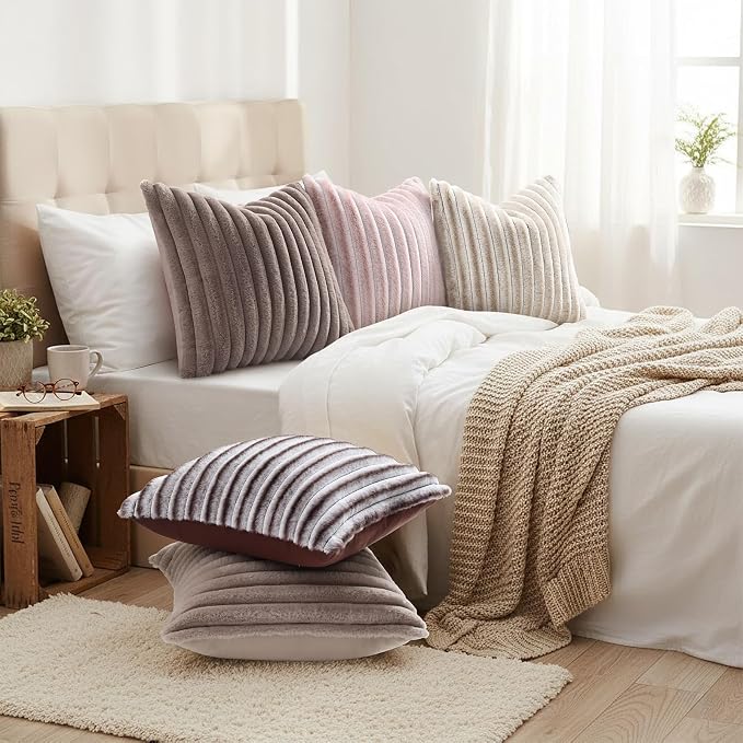 decorUhome Fall Faux Fur Throw Pillow Covers 12x20 Set of 2 Tan | Decorative Soft Cozy Striped Plush Modern Farmhouse Boho Couch Pillow Cases Velvet Back for Sofa Bed Living Room Home Decor