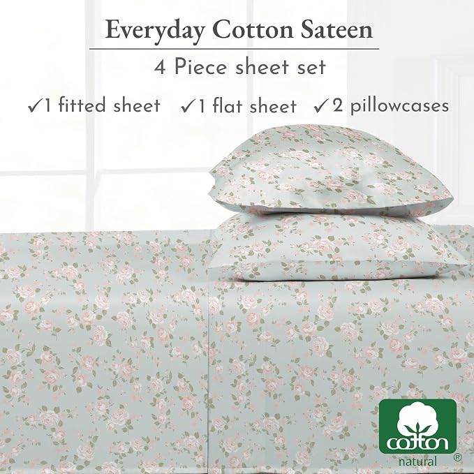 Soft Natural 100% Cotton Sateen Full Sheets, 4 Pc Set, Vintage Rose Print | Backed by Good Housekeeping Seal, Light & Breathable For Hot Sleepers, 14" Deep Pocket, All-Around Elastic, Durable