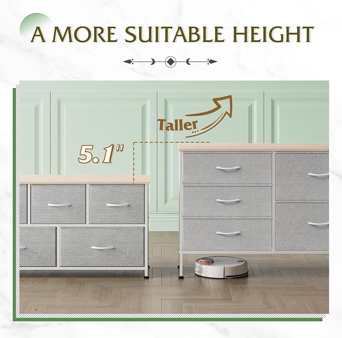 WLIVE 5 Drawer Fabric Dresser for Bedroom, Wide Storage Chest, Light Grey | 5-drawer wide fabric dresser with steel frame, multipurpose bedroom living room hallway dorm closet storage organizer