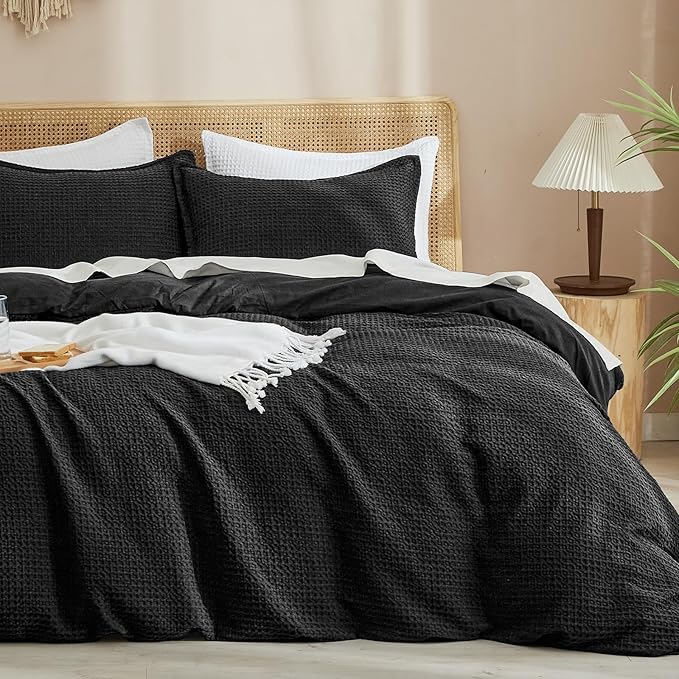 PHF Waffle Duvet Cover Set Queen, Ultra Soft & Breathable, 90"x90", Black | 300GSM Fabrie，No Snagging Textured Honeycomb Comforter Cover for All Season 3pcs, Durable Bedding Duvet Set, Home Decor Gift