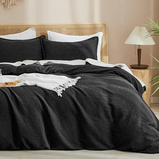 PHF Waffle Duvet Cover Set Queen, Ultra Soft & Breathable, 90"x90", Black | 300GSM Fabrie，No Snagging Textured Honeycomb Comforter Cover for All Season 3pcs, Durable Bedding Duvet Set, Home Decor Gift