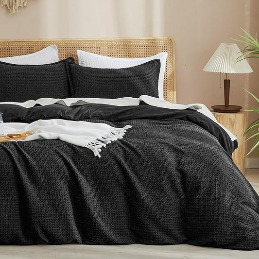 PHF Waffle Duvet Cover California King, Soft & Breathable, 104"x98", Black | 300GSM Fabrie，No Snagging Textured Honeycomb Comforter Cover for All Season 3pcs, Durable Bedding Duvet Set, Home Decor Gift