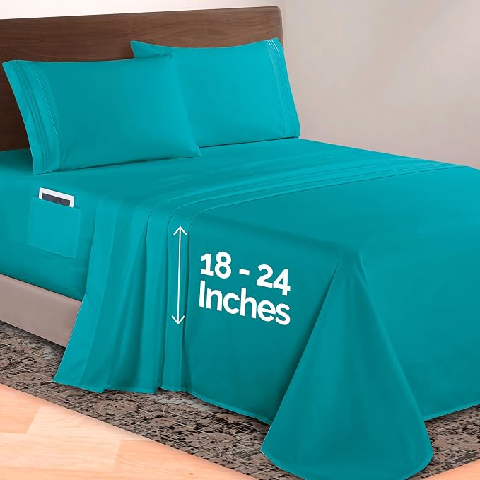 Elegant Comfort Luxurious 1500 Premium Hotel Quality Microfiber 4-Piece Sheet Set, 18-24 Inches Deep - Extra Deep Pocket Sheets - Ultra Soft 4PC Deep Pocket Sheets, Queen, Turquoise